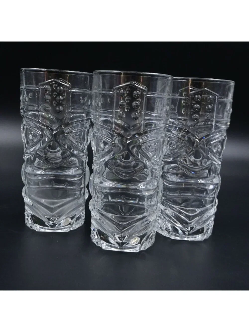 Forum Tiki Face Tumbler Glasses Set of 3 Clear Hawaiian Totem Barware Highball
